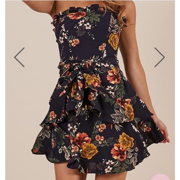 Showpo Navy Blue Floral Strapless Mini Dress Tie Back Ruffle 2 - Picture 11 of 12